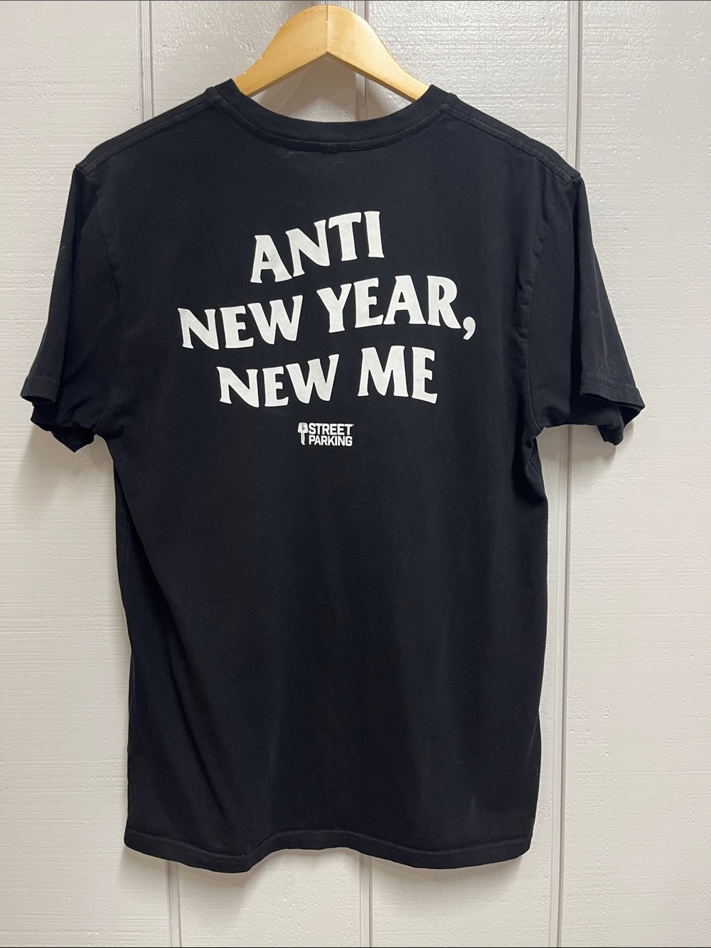 Street Parking: Black Short-Sleeve Graphic Tee - "Anti New Year, New Me"